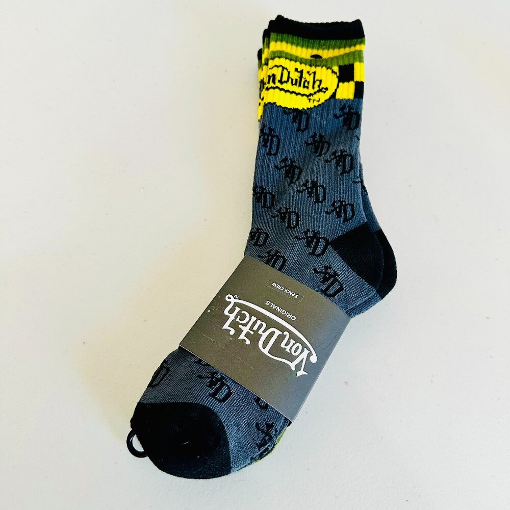 VON DUTCH ORIGINALS 3-PACK LOGO CREW CUT SOCKS GRAY AND GREEN SET UNISEX